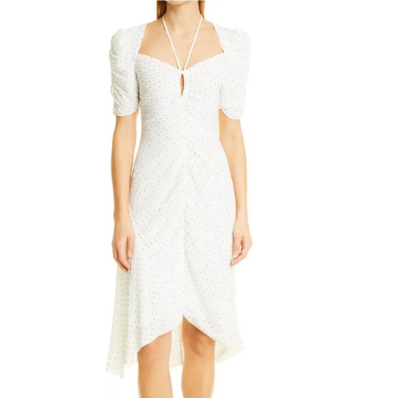 NWT Frame Gathered Keyhole Tie-Neck Polka Dot Ruffle White Bodycon Midi Dress - Picture 1 of 9